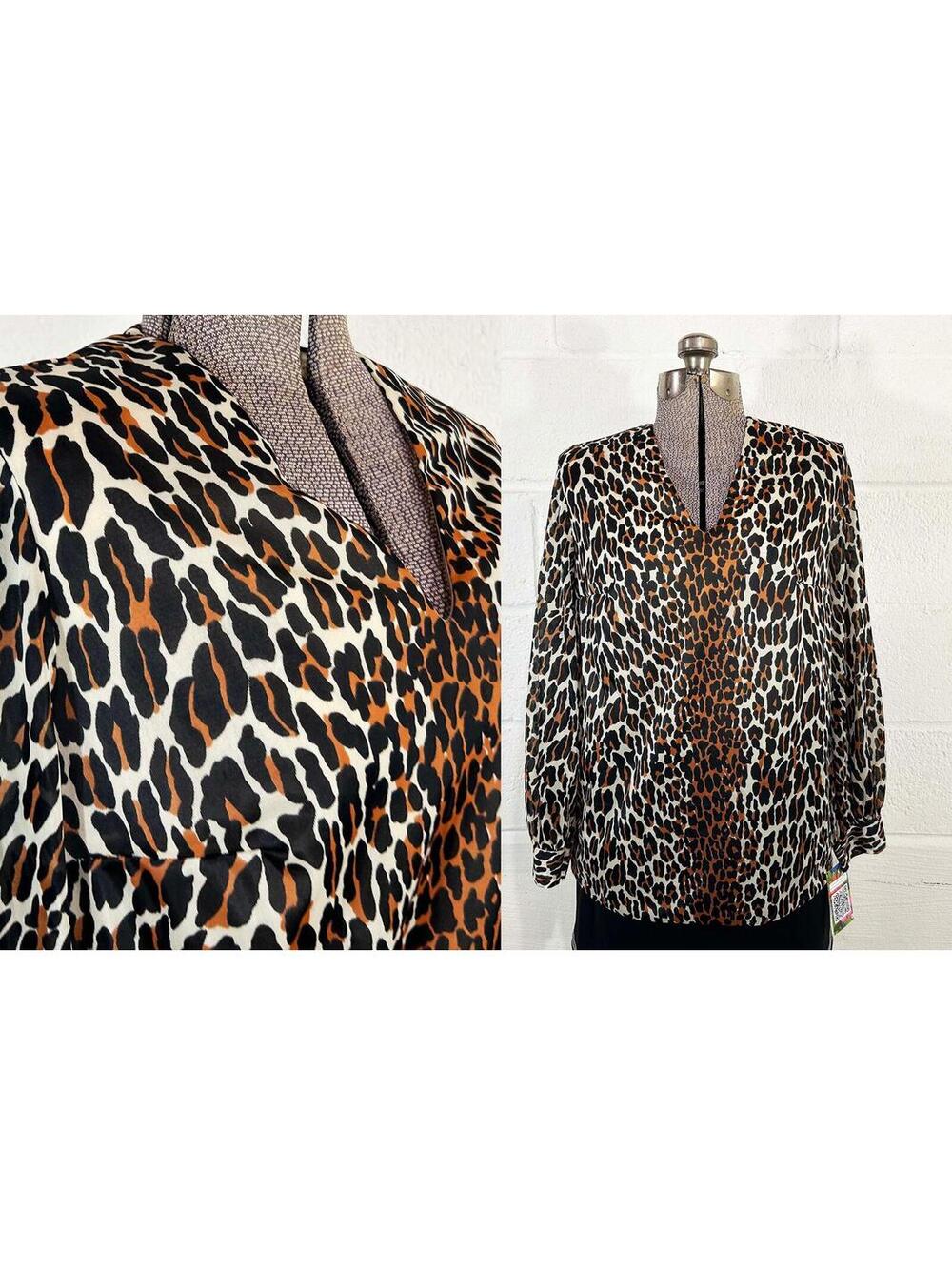 Vintage Leopard Print Blouse Vanity Fair Lounge Sheer Sleeves 1970s 1960s Large